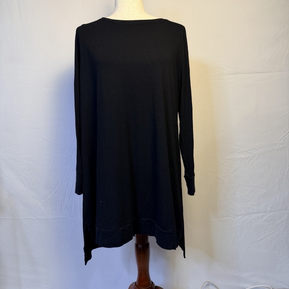 Eileen Fisher Black Long Sleeve Tunic Top L Relaxed Crew Neck Jersey Lagenlook